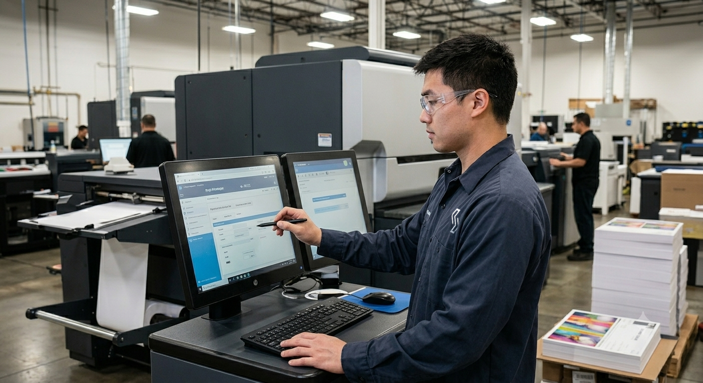 Print shop operator using print production management software at a dual-monitor workstation beside a digital printing press